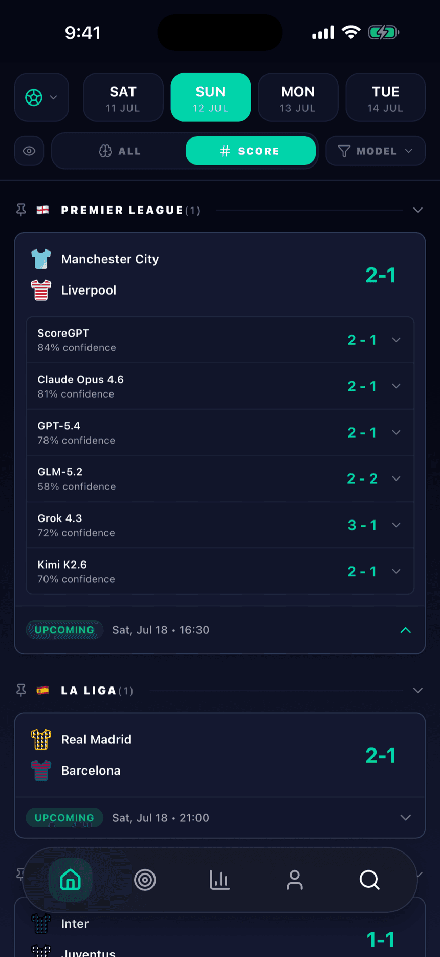 ScoreGPT match feed: team jerseys, kickoff times and every AI model's scoreline for each match