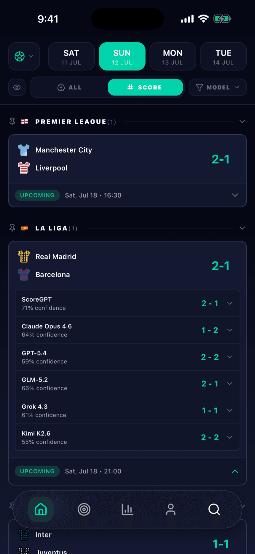 Every AI model’s scoreline and confidence for the same match, next to the ScoreGPT consensus