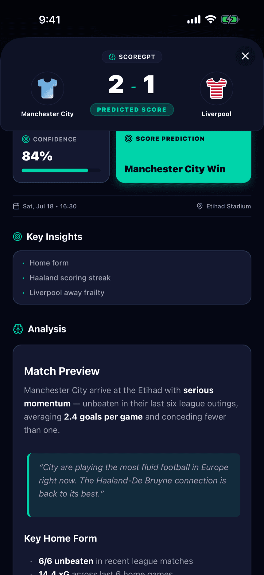 Match analysis screen with predicted score, confidence, key insights and a written match preview